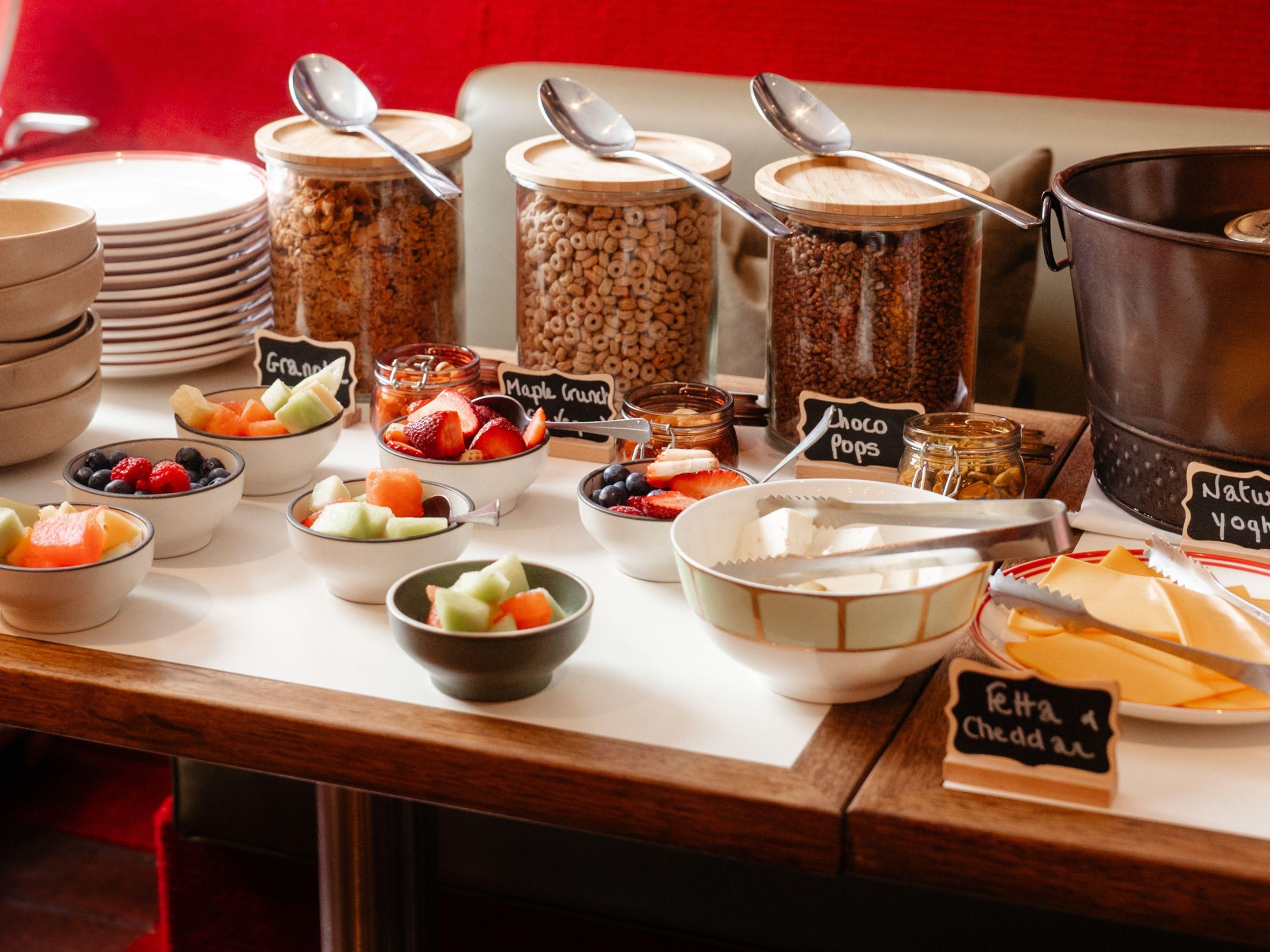 Enjoy an assortment of cereals and pastries to kick start your day