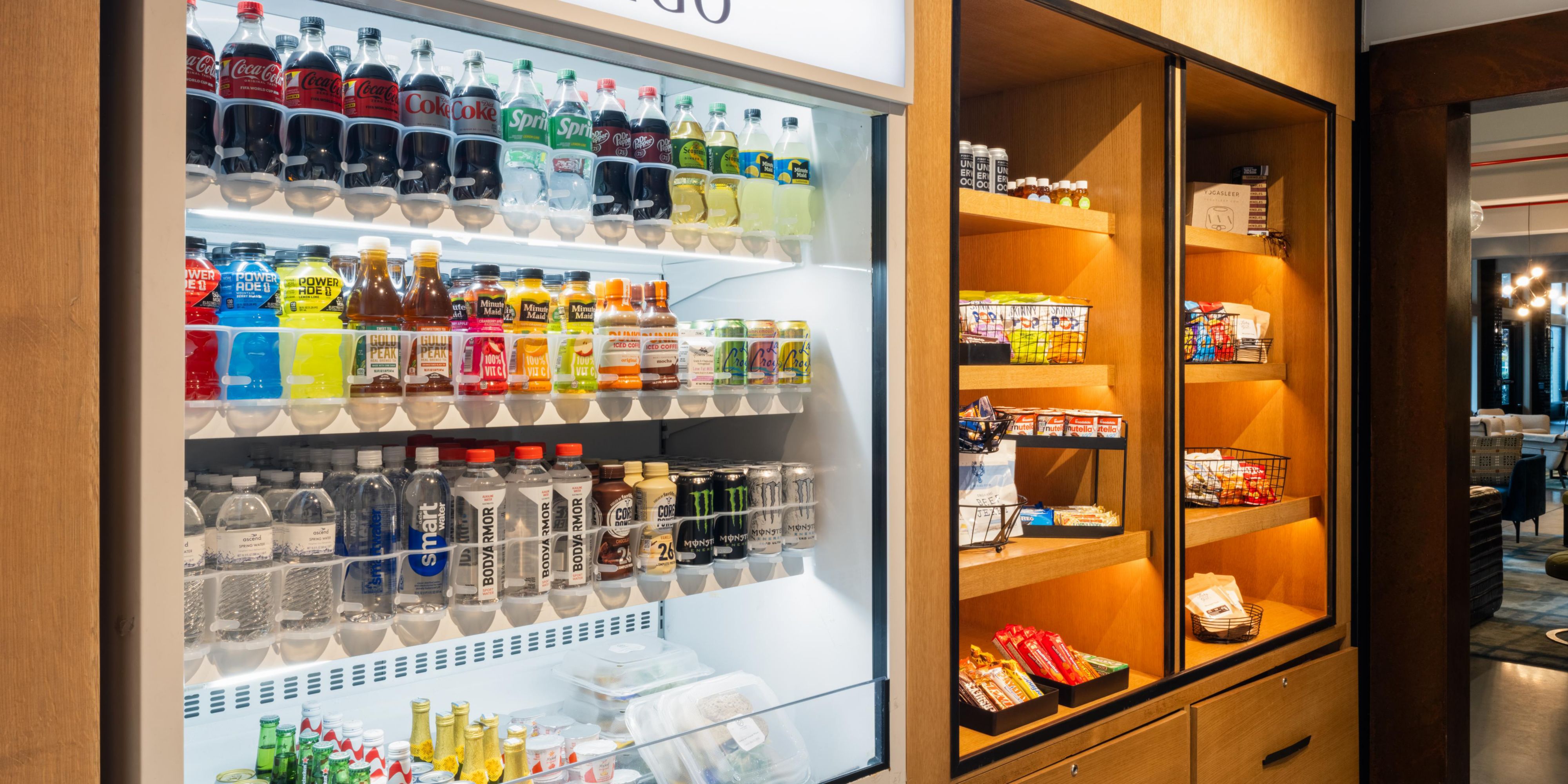 Our marketplace is stocked with snacks and beverages.