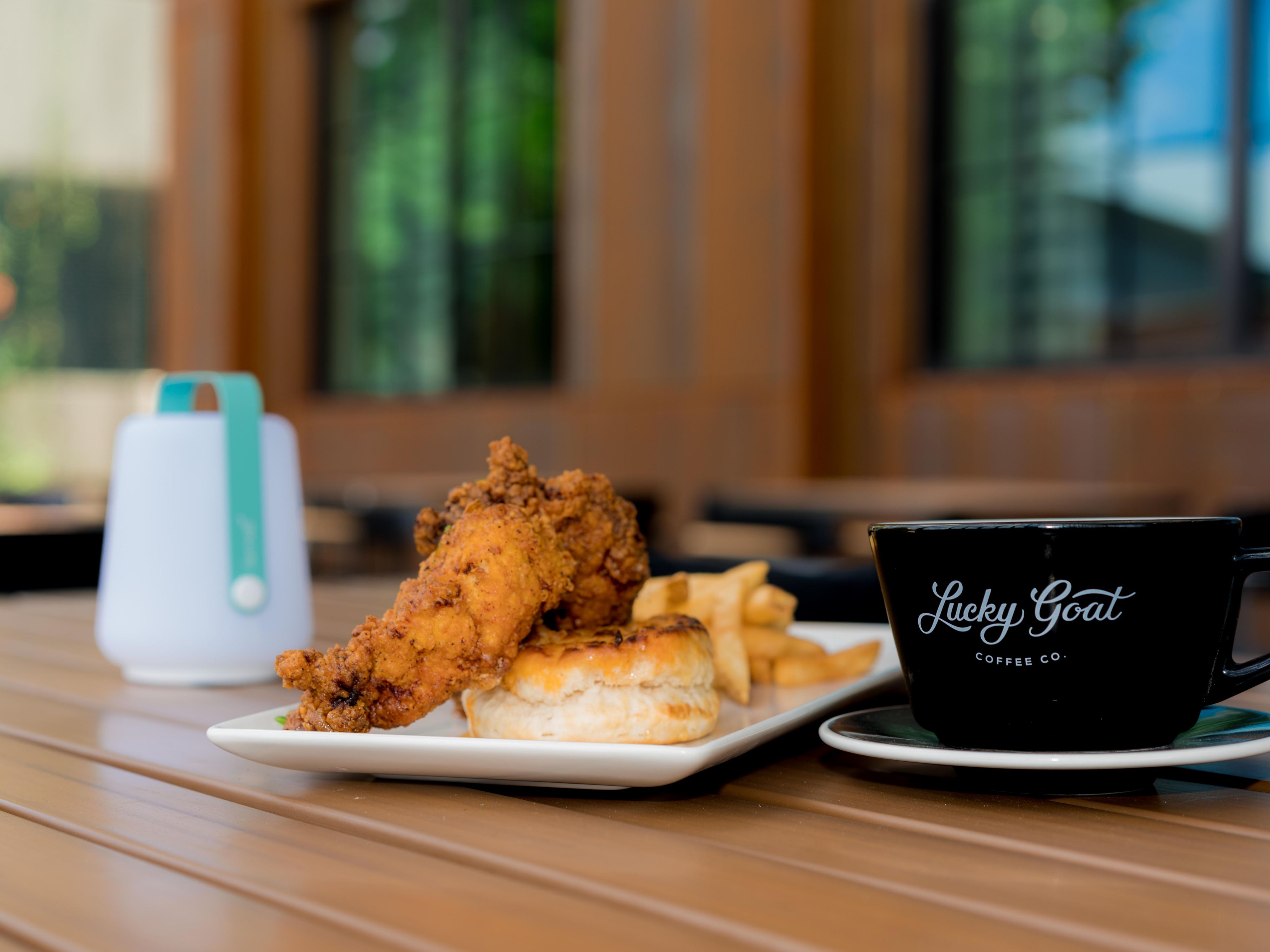 Chicken dish and coffee from Lucky Goat.