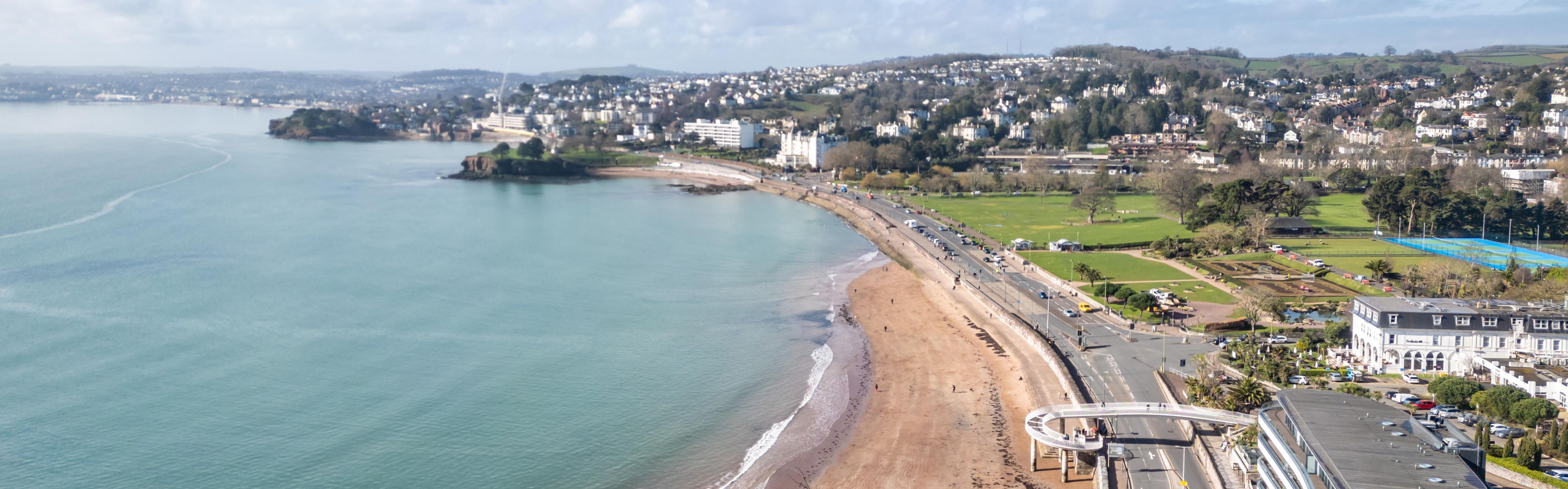 Aerial view of Torre Abbey Sands beach in Torquay