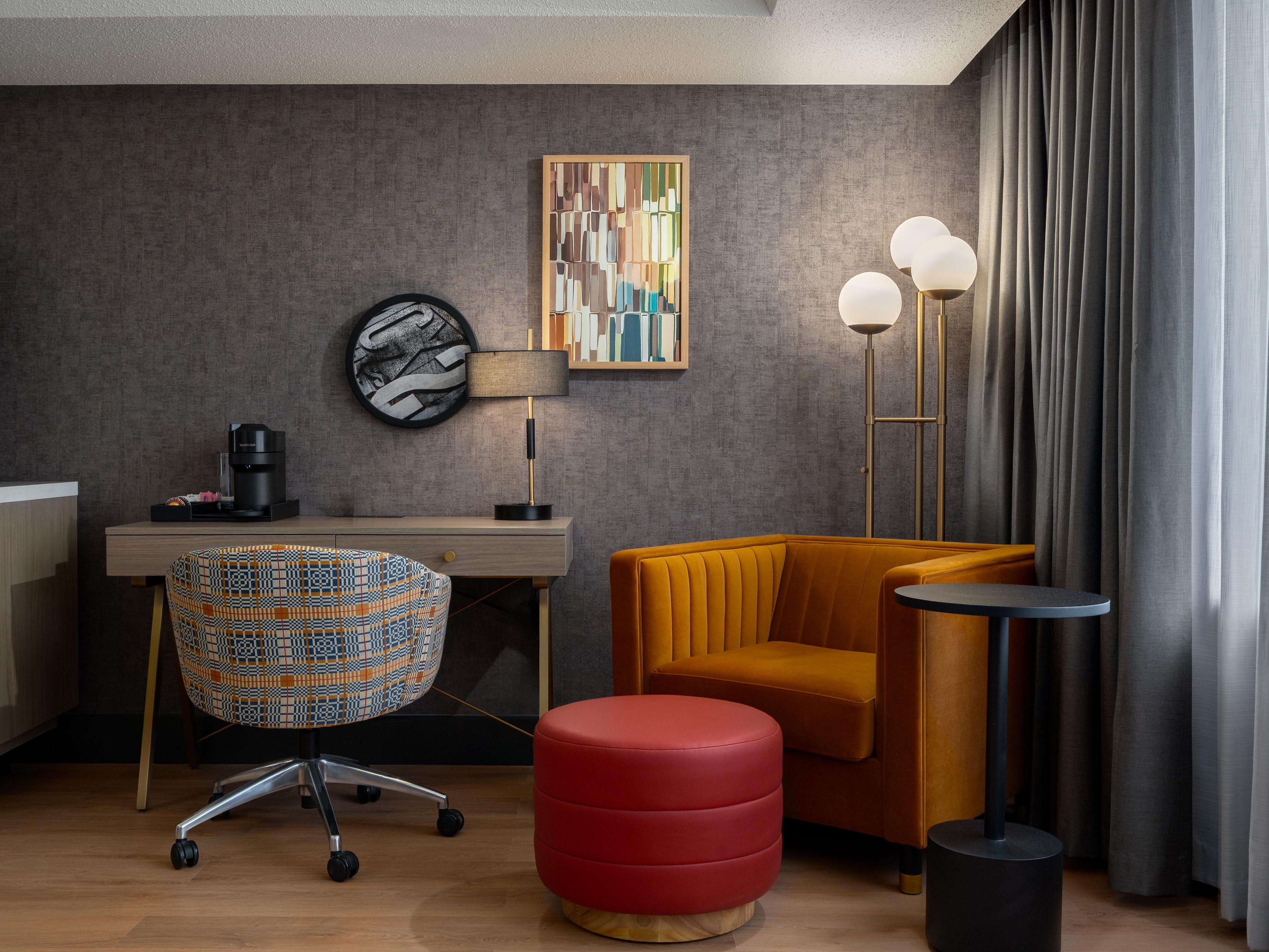 Be productive or relax with our included desk and lounge chair.