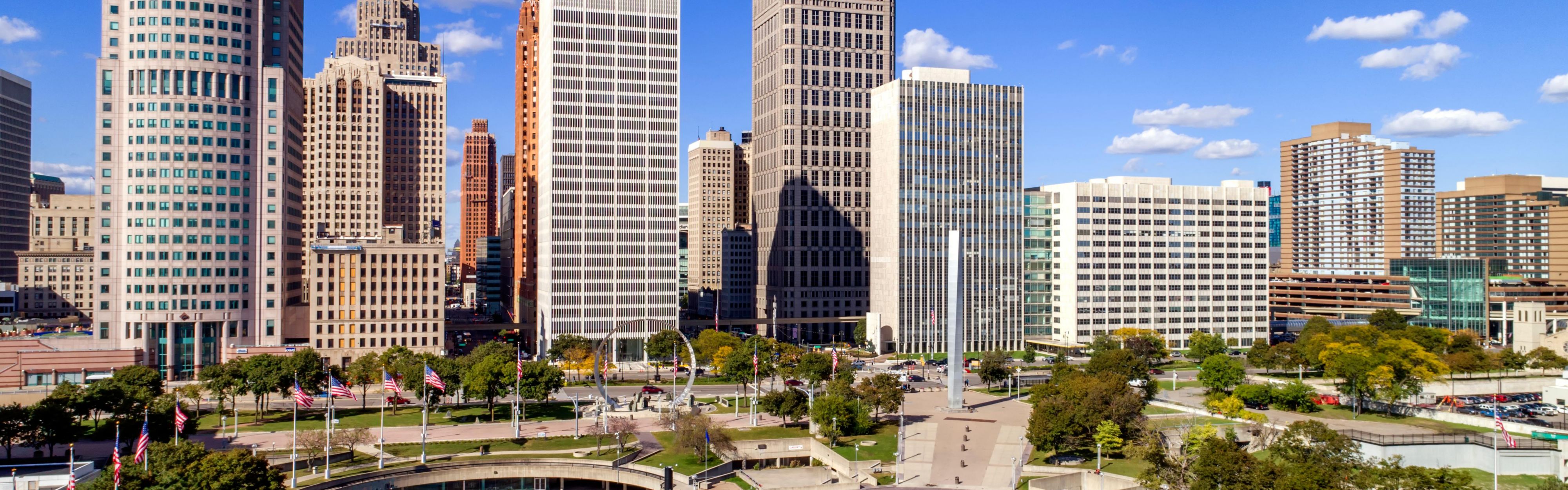 Detroit buildings and park.