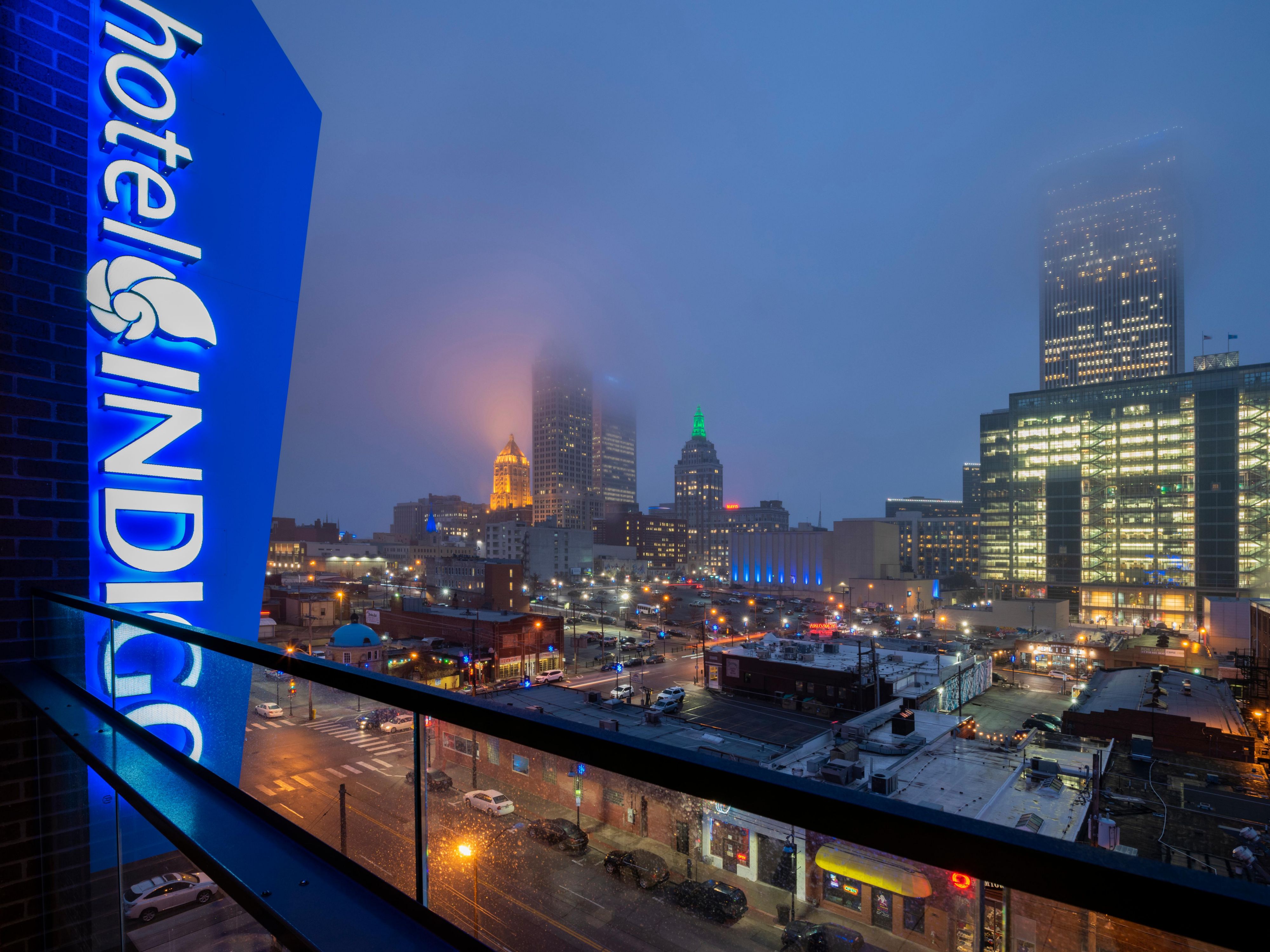 Foggy view of downtown Tulsa from Roof Sixty Six rooftop bar