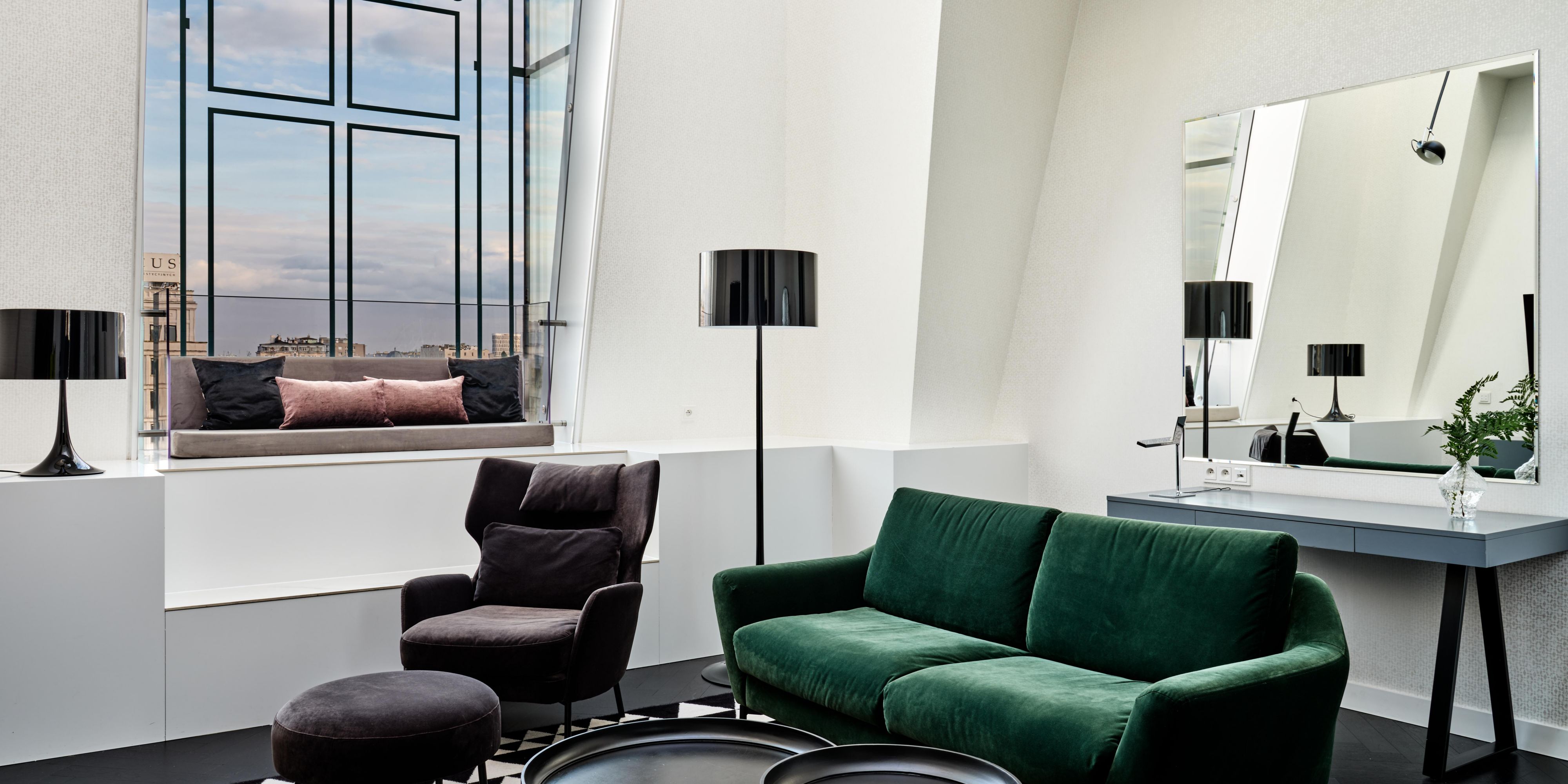 Living space along with a panoramic view of Warsaw.