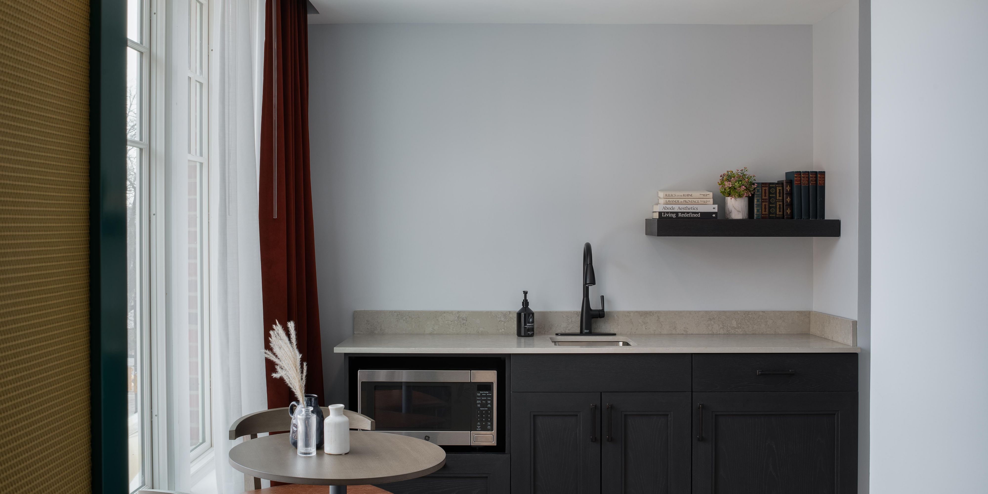 Feel at home with a separate sink, microwave, and mini fridge.