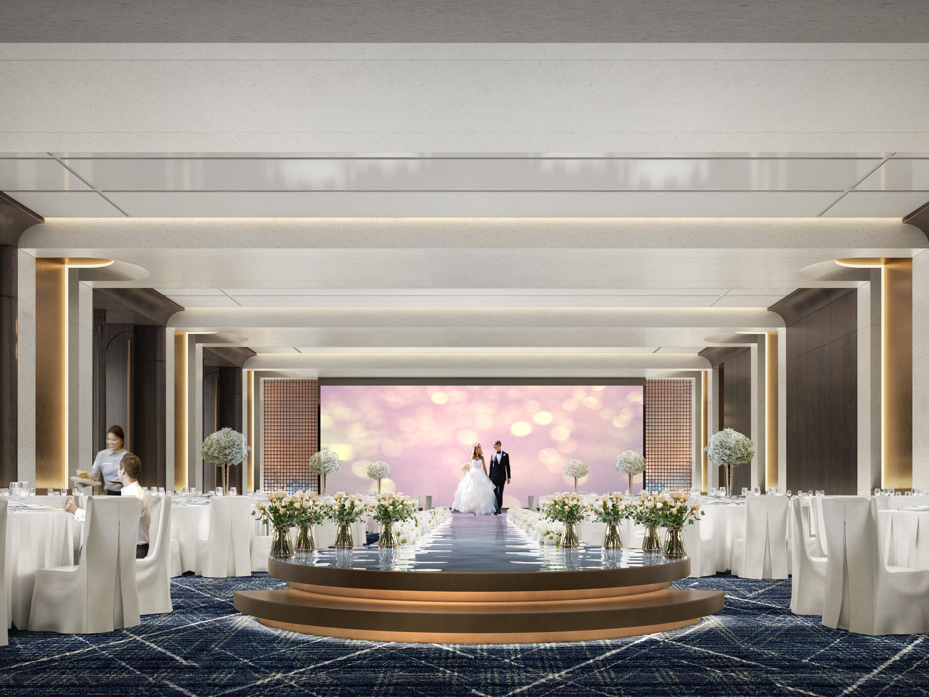 The hotel features a 530m² pillar-free Xiangzhou Ballroom with a 5-meter ceiling height, blending Southeast Asian arch elements with modern artistic design. The 210m² pre-function foyer is inspired by the trajectory of table tennis, outlining a dynamic sense of movement.