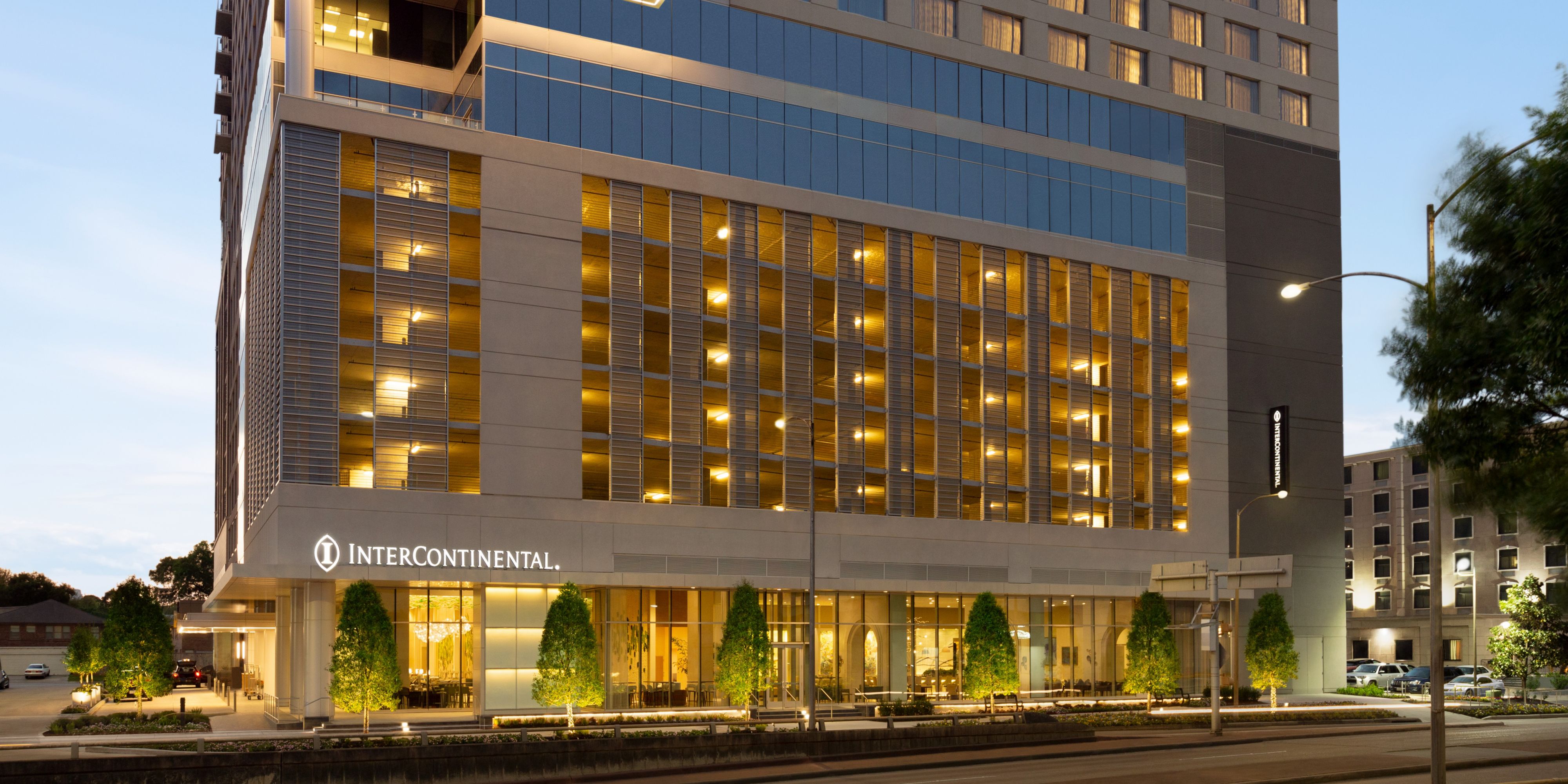 InterContinental hotel exterior with illuminated facade