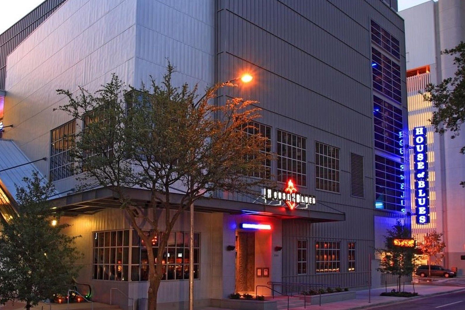 House of Blues exterior illuminated in downtown Houston