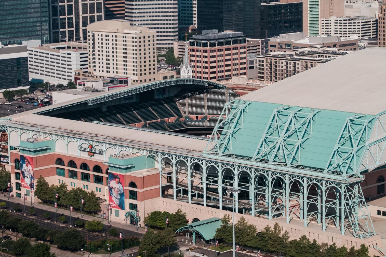 Aerial view of Minute Maid Park in downtown Houston
