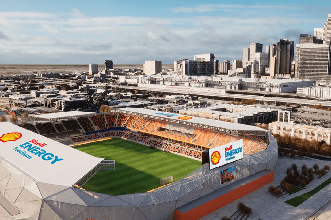 Exterior of Shell Energy Stadium on a clear day