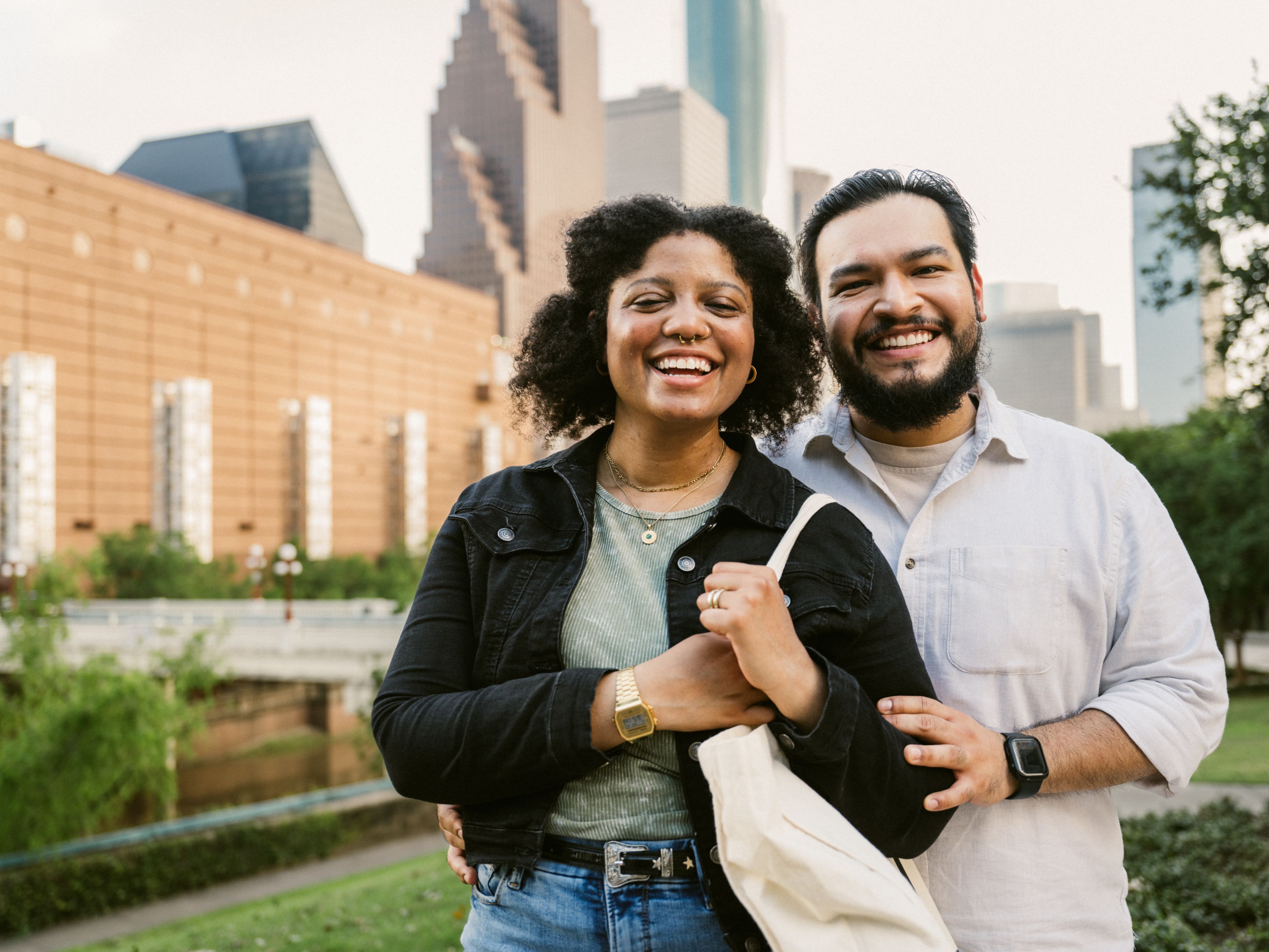 Couple standing in downtown Houston 