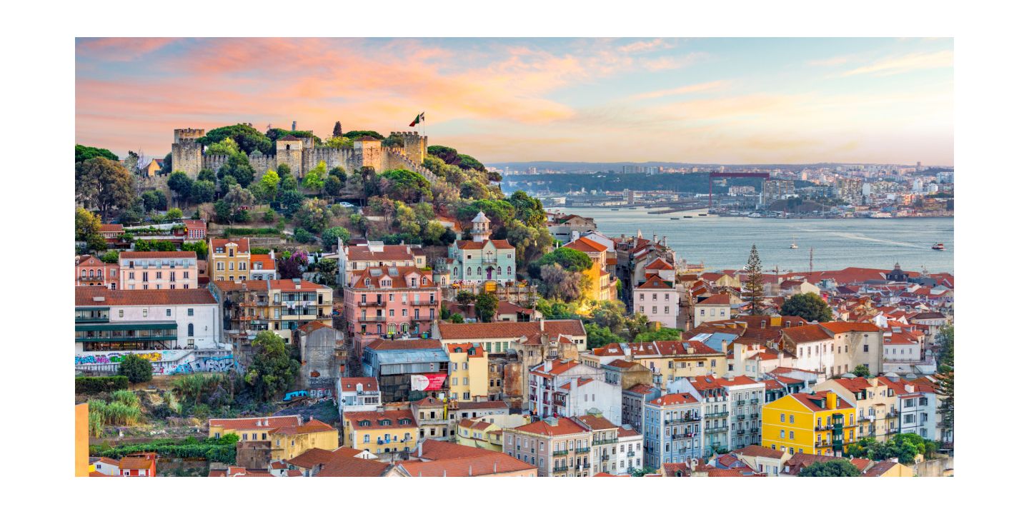 Lisbon portugal coastline with colorful buildings in hills