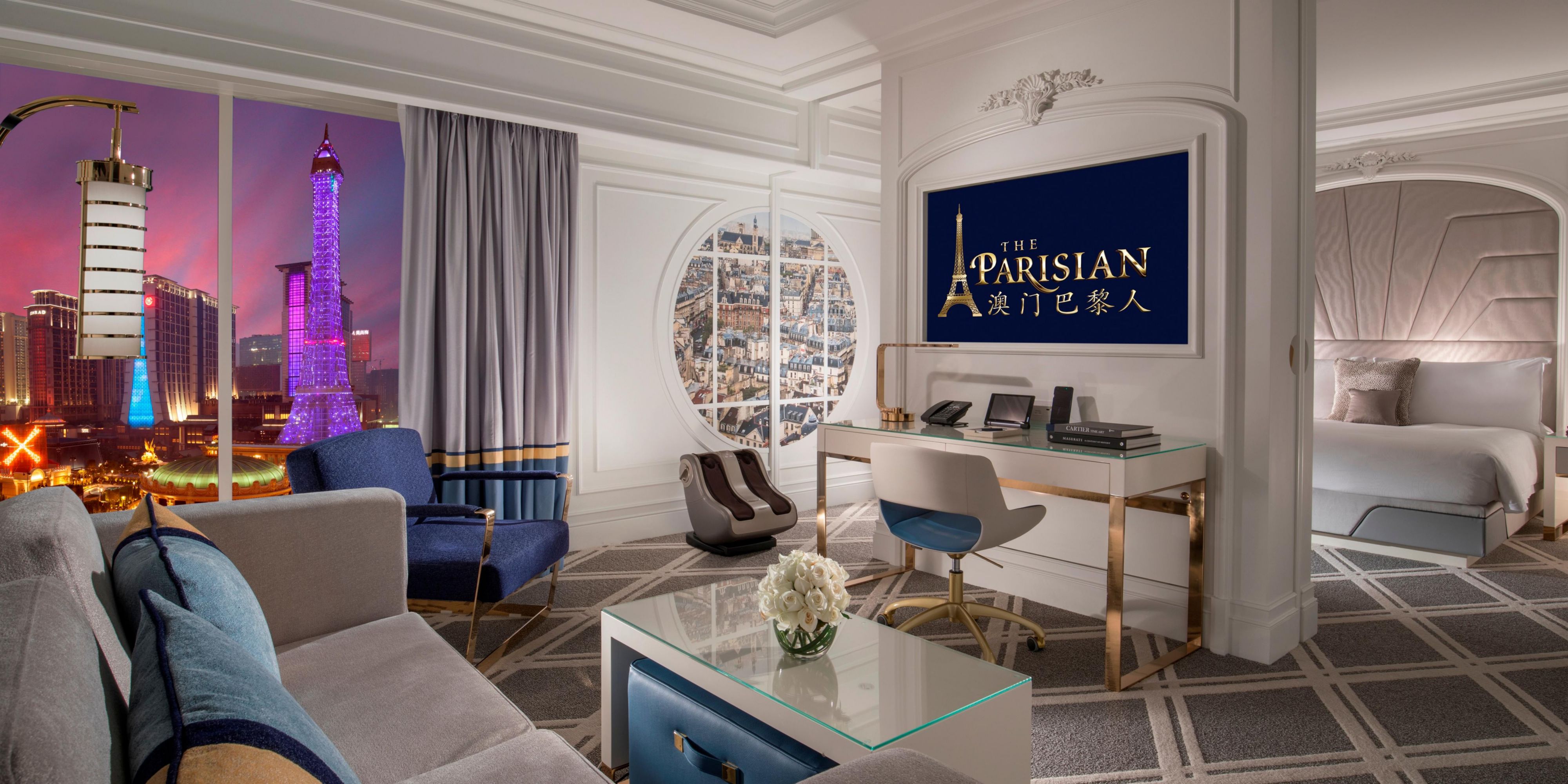 The romantic new Champagne Suite is ideal for commemorating special occasions. Styled after a chic Parisian apartment, this suite offers stunning view of Le Jardin and the Eiffel Tower.