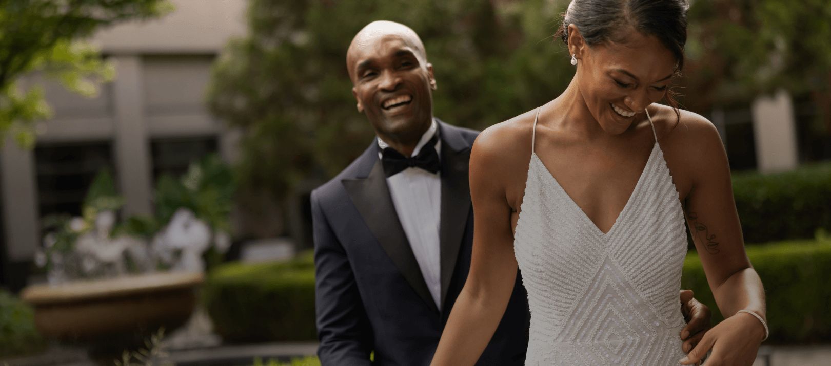 Bride and groom smiling