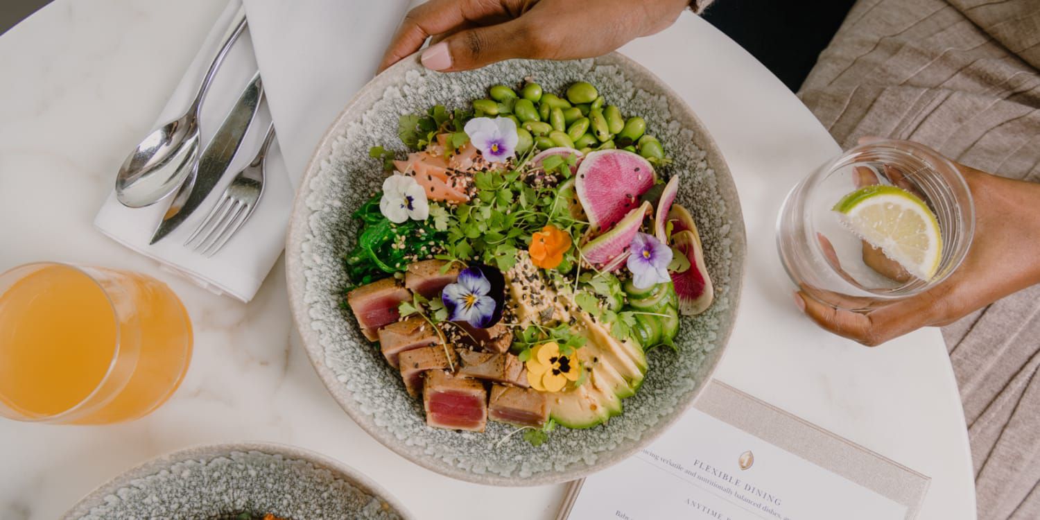 overhead view of colourful salad with seared ahi tuna salad