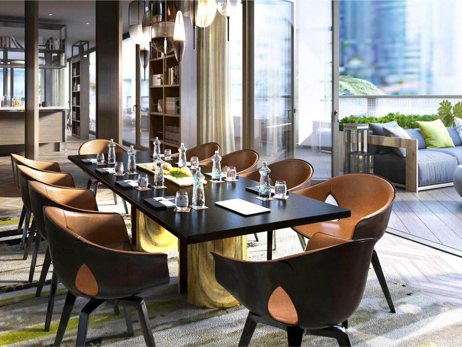 Large conference room with dark browm tabel and white chairs