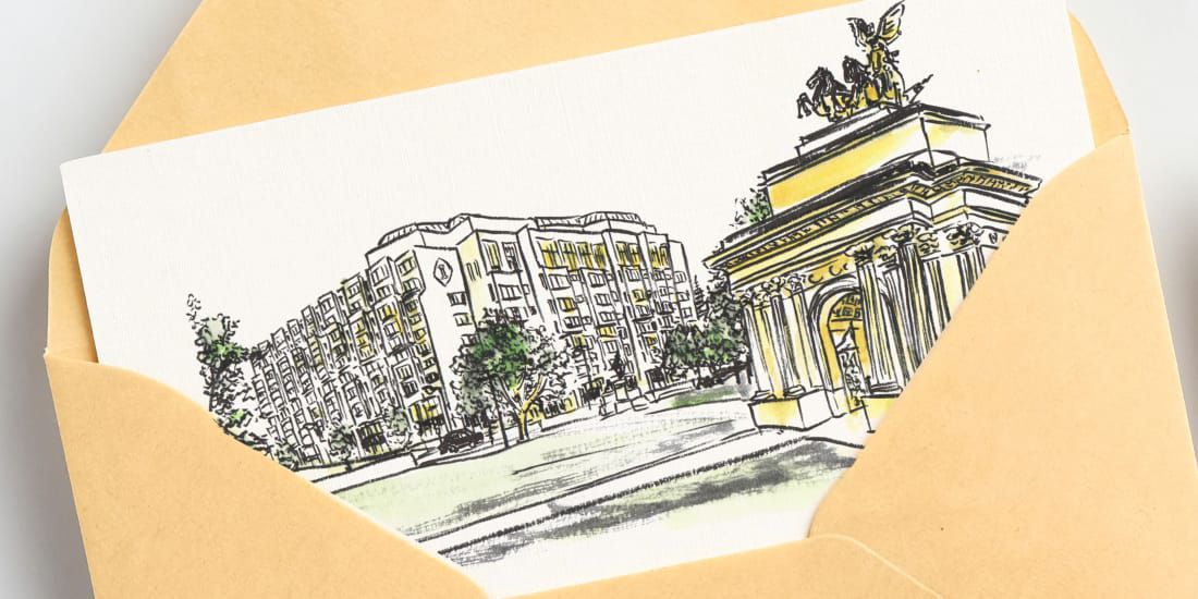 A hand-illustrated invitation featuring a rendering of the InterContinental Park Lane Hotel.