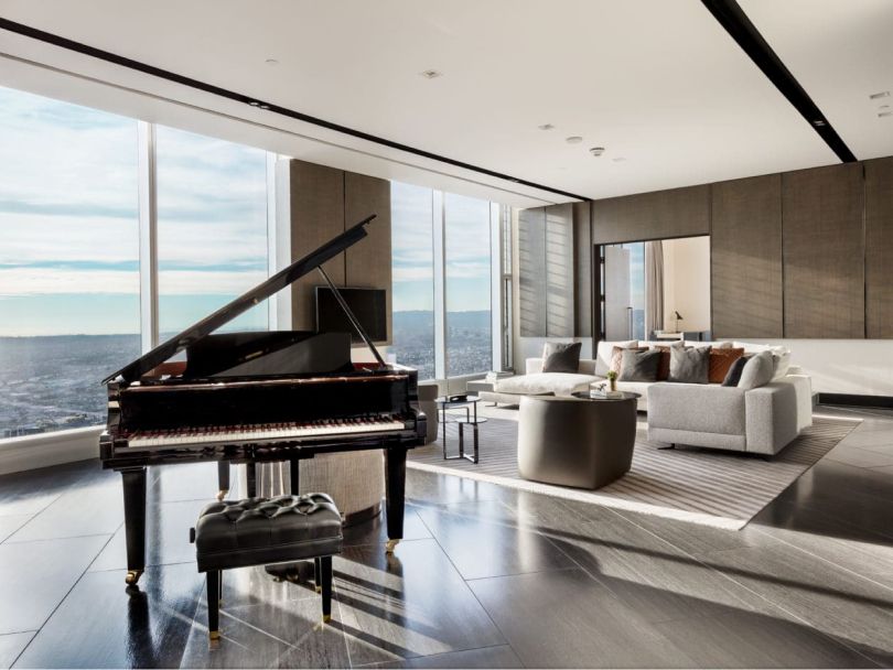 Grand piano in our suite overlooking downtown Los Angeles