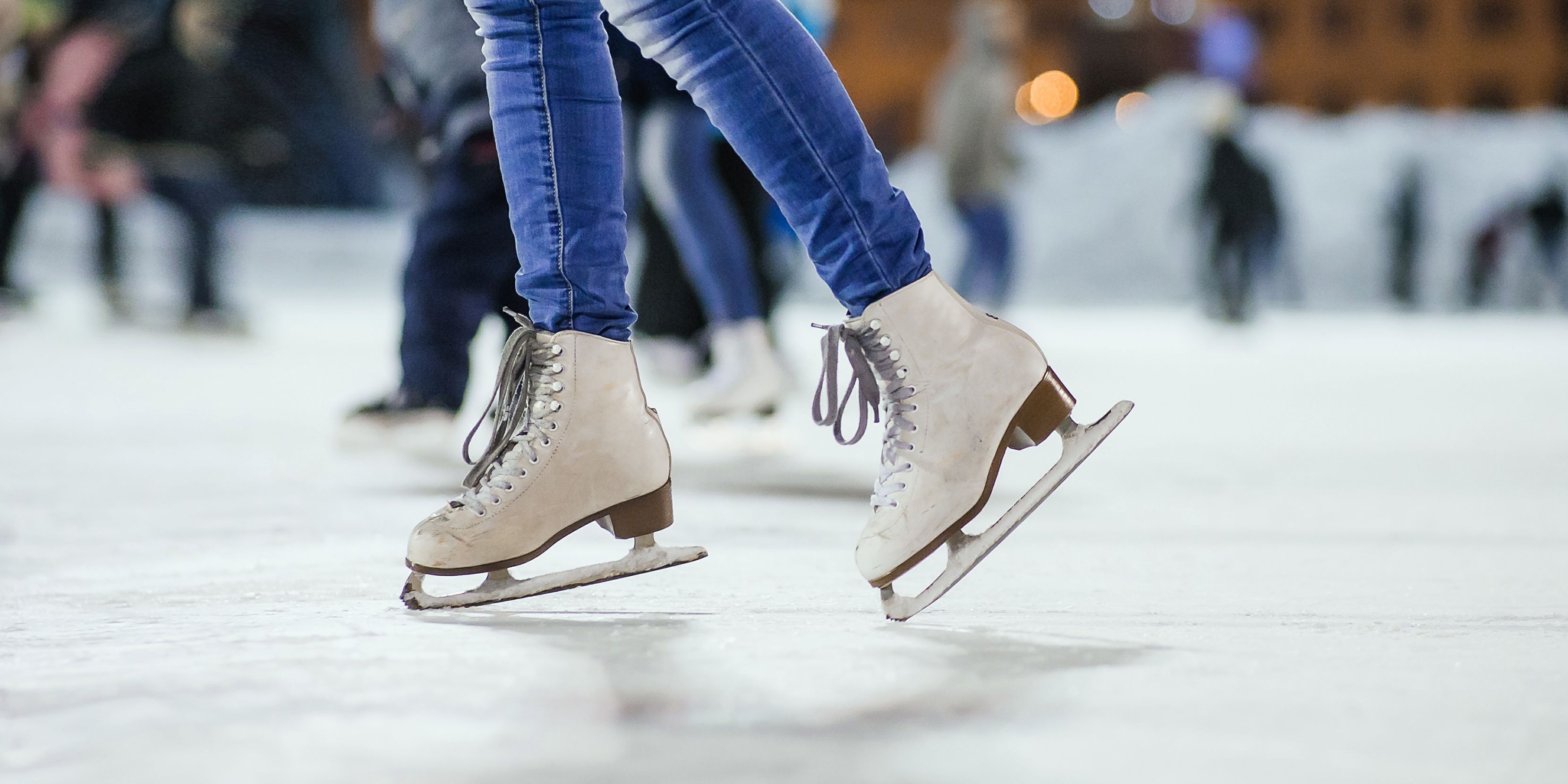 Close up of ice skater on the rink.
