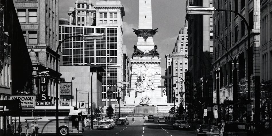 Historic shot of Monument Circle from Market Street.