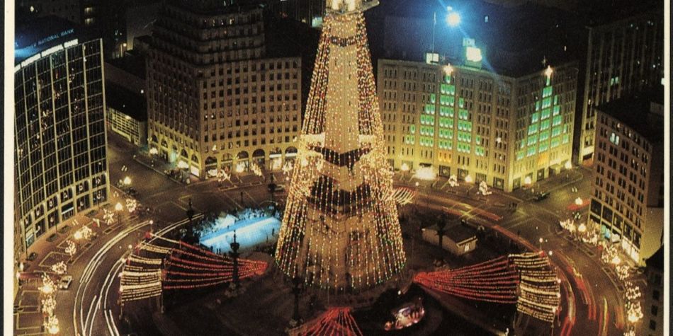 Monument Circle with Christmas lights.