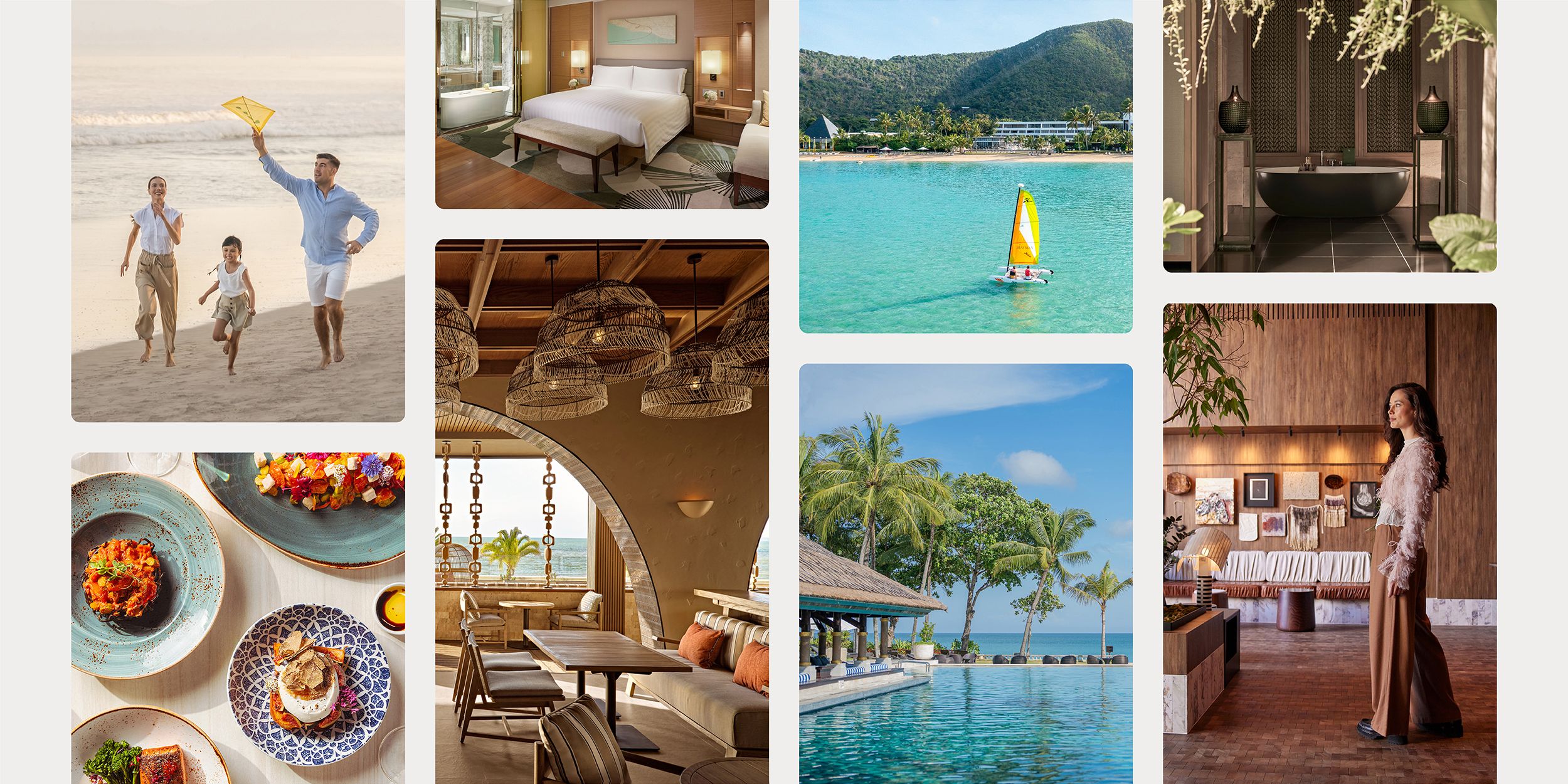 Digital photo album collage of hotels and resorts across Asia Pacific, featuring rooms, dining, pools and experiences