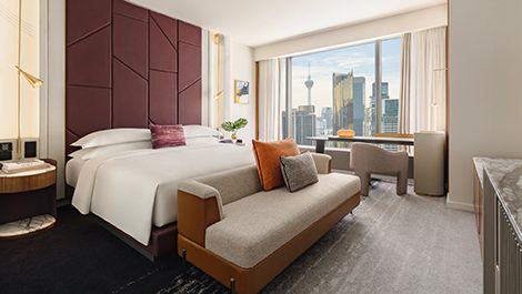 Contemporary hotel room with city skyline views