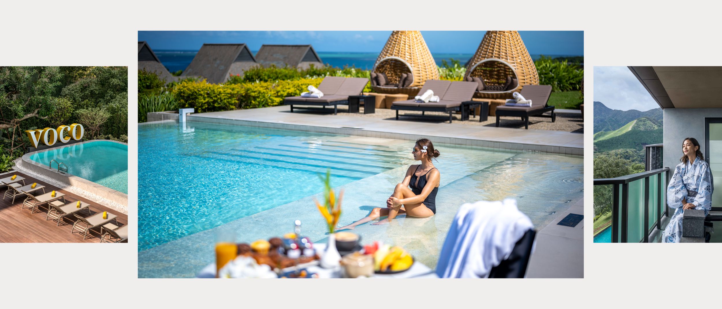 showcase a left to right swipe of images, first with a lady in swimsuit posing by the pool