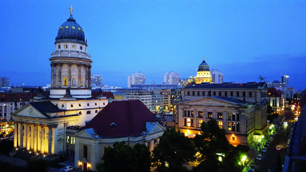 night view of Berlin with dramatic architecture
