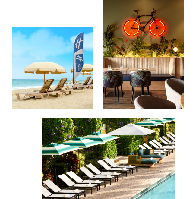 Cluster of images showcasing a beach, a pool, and a trendy lobby