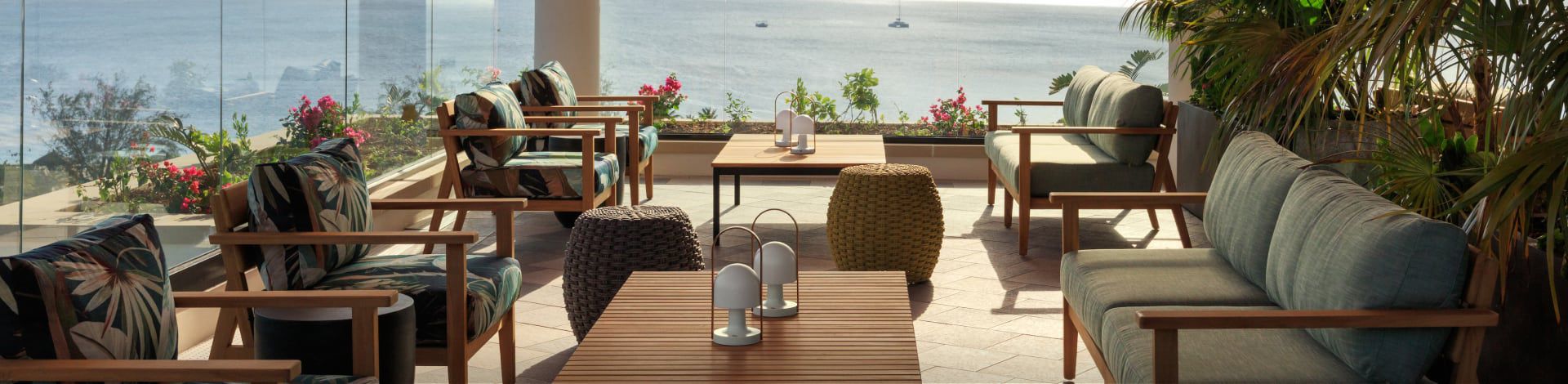 Terrace lounge with ocean views and modern seating