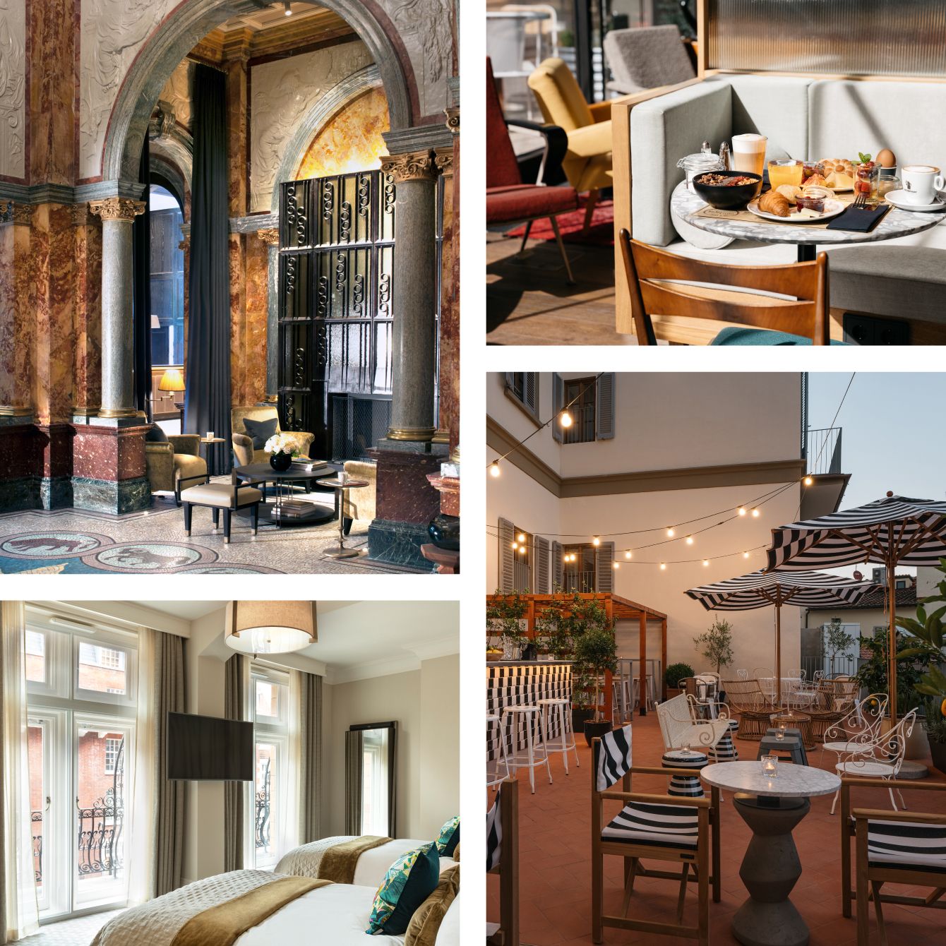 Bento box of images including a hotel lobby, hotel guest room, alfresco restaurant and dining area