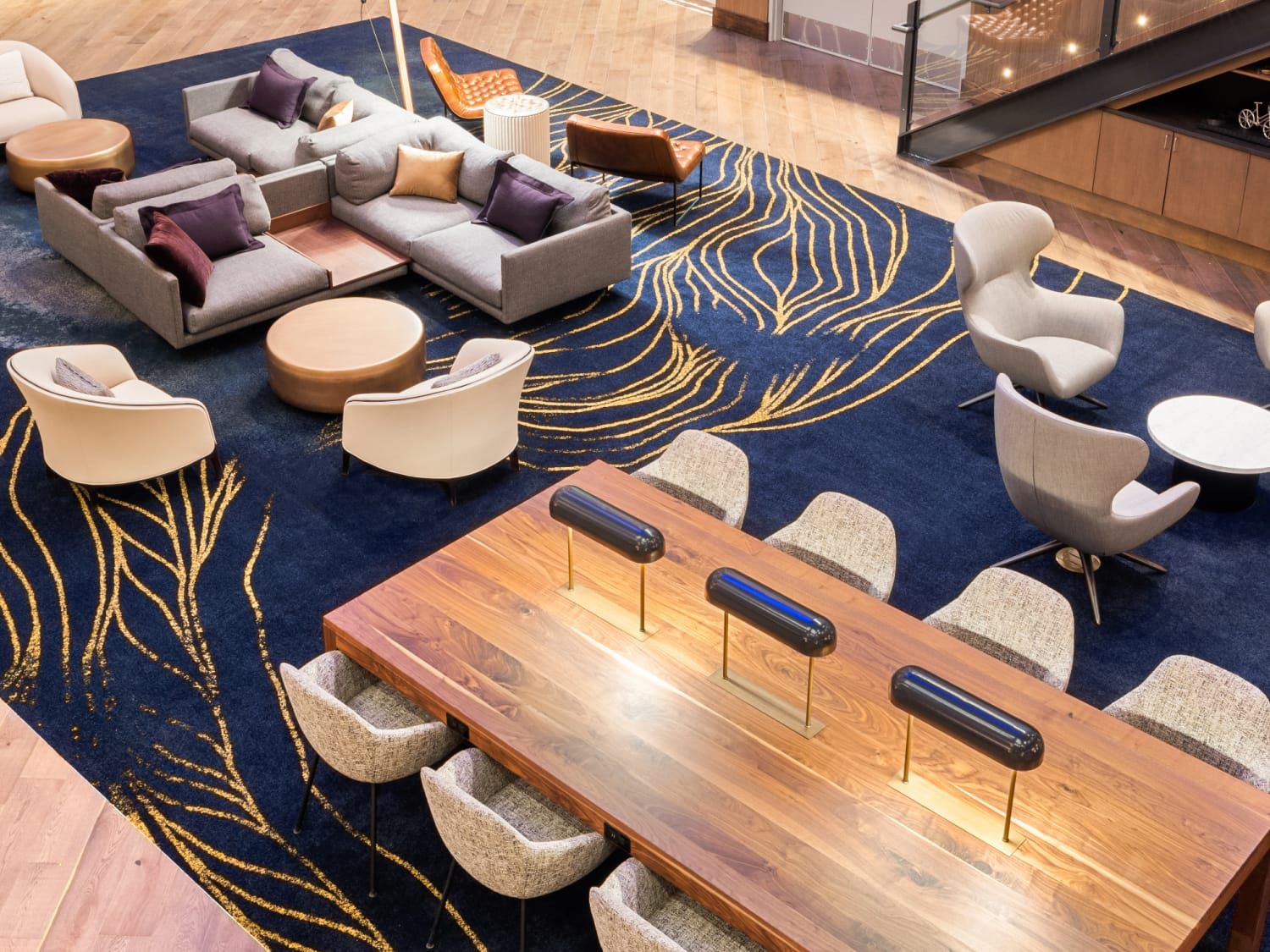 The atrium with various areas to relax and work at Hotel Indigo Vancouver Downtown.