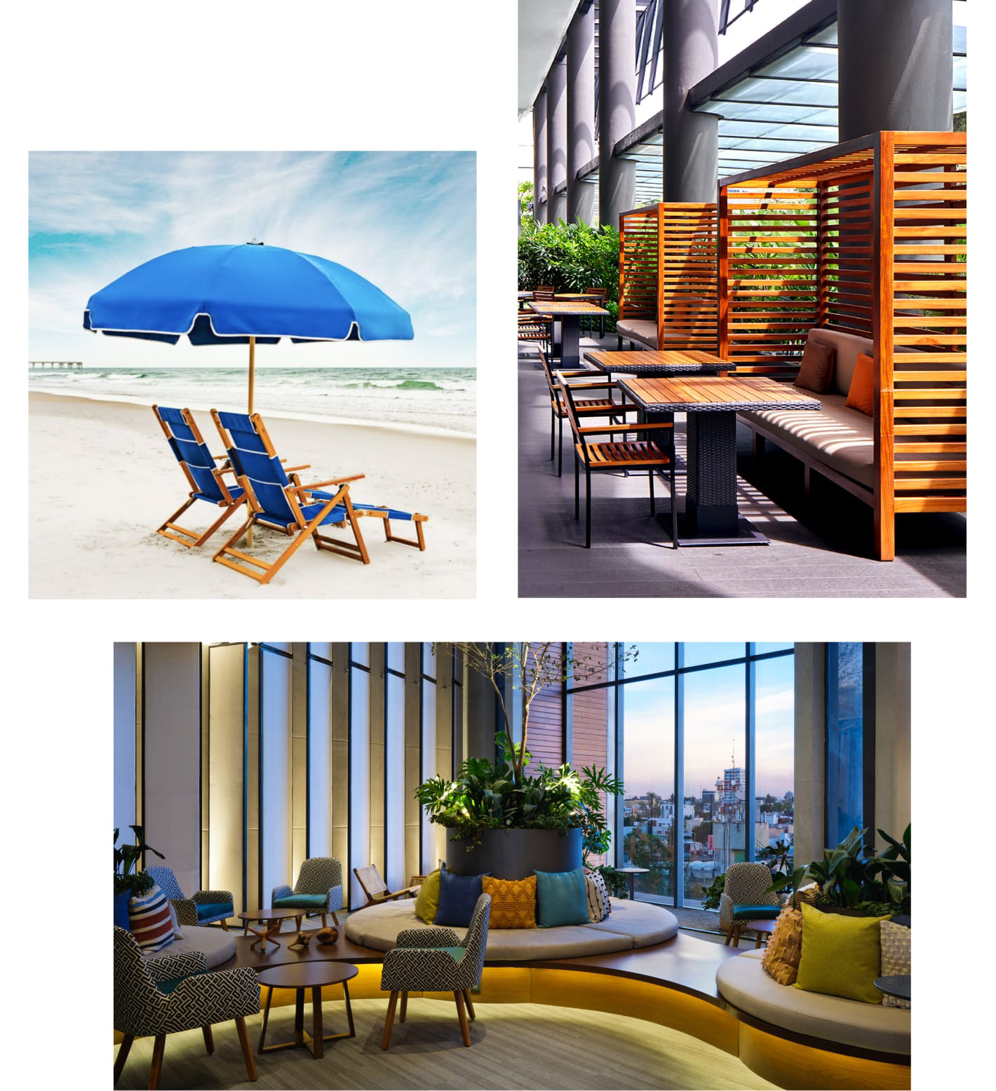 Cluster of images featuring an upscale hotel lounge, a sunny restaurant patio, and private beach seating