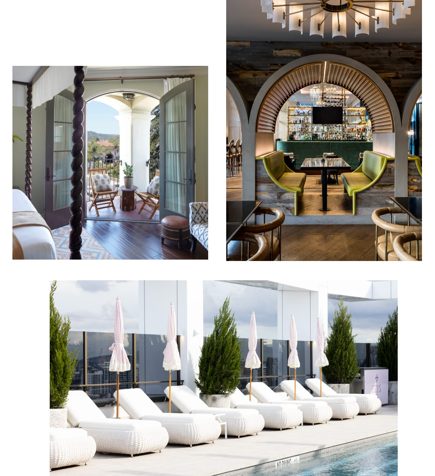Cluster of images featuring a private room balcony, a restaurant, and luxury poolside seating