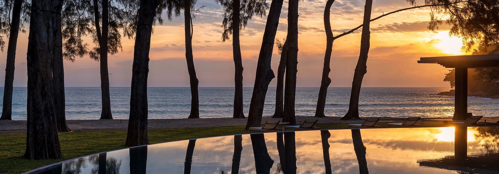 looking through the trees across the water at the sun hanging low in the sky 