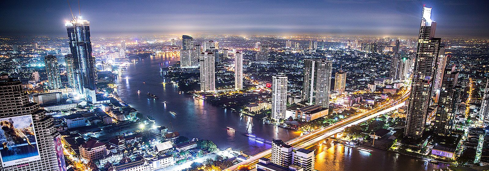 Arial view of the bustling city night life of Thailand