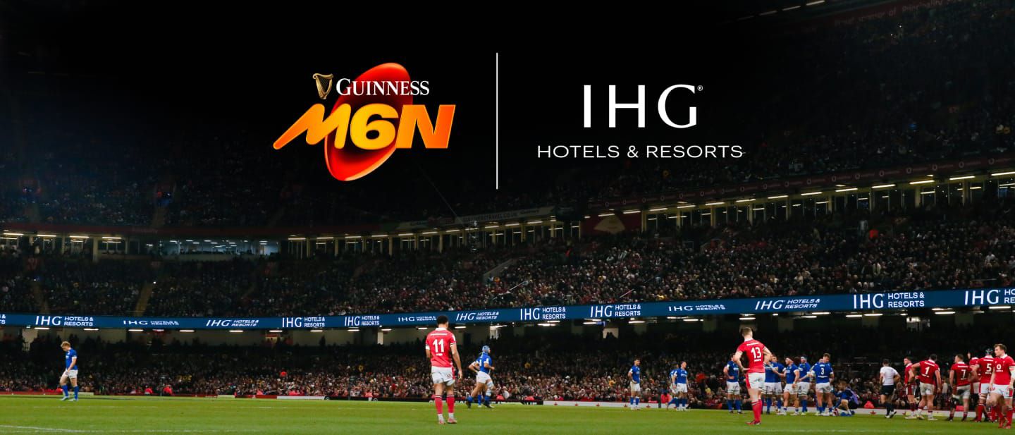 Men's Six Nations rugby match with the Guinness Men's Six Nations logo and the IHG Hotels and Resorts logo