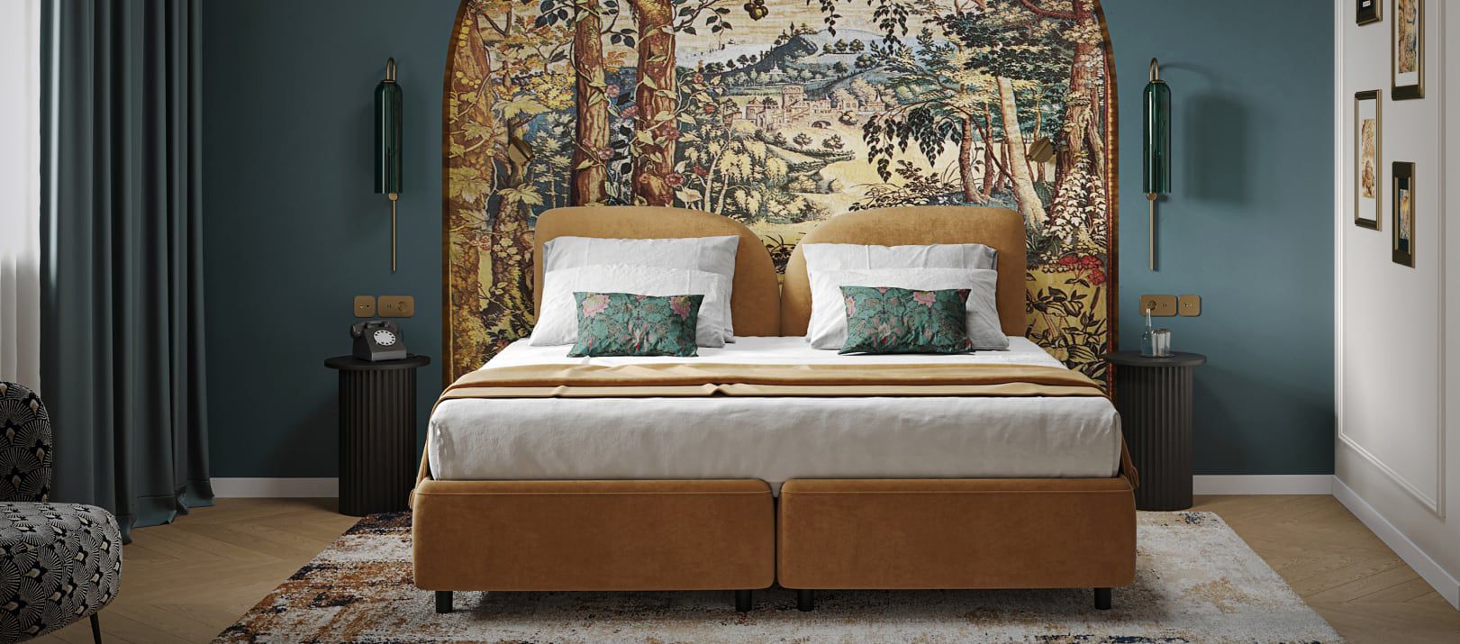 Guest bed in front of a large-scale mural at Hotel Indigo Krakow - Wawel Castle