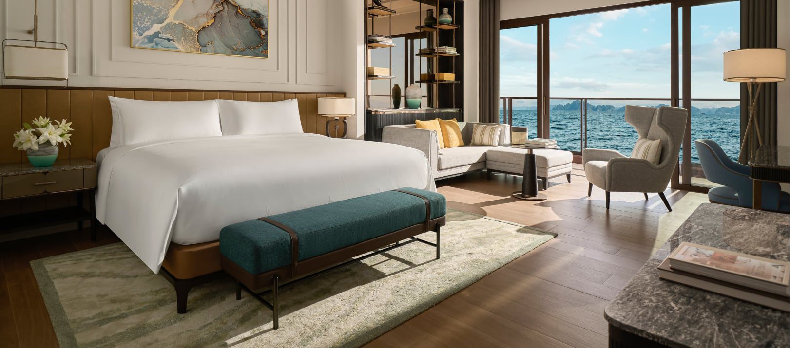 Elegant waterfront guest room at InterContinental Halong Bay Resort
