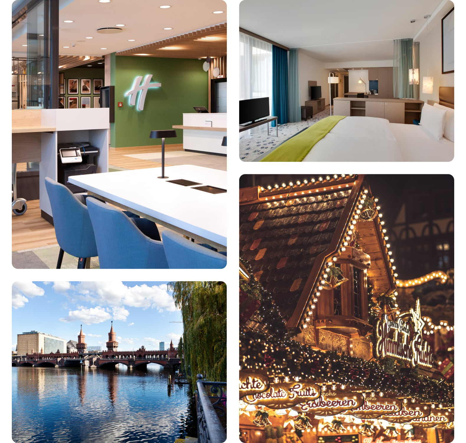 Hotel lobby, modern guest room, river bridge, festive market lights.