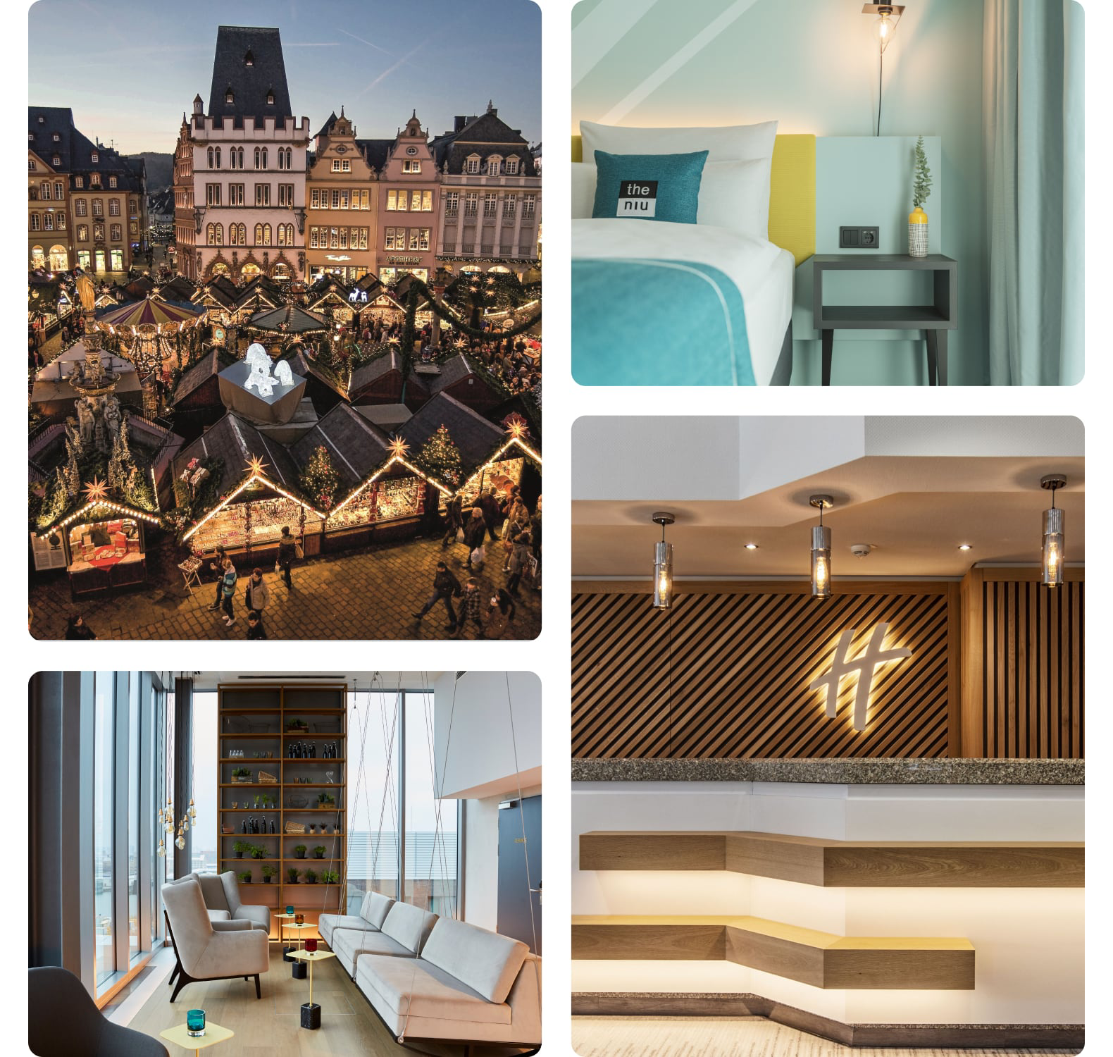 Christmas market, modern hotel room, stylish lobby, lounge area.