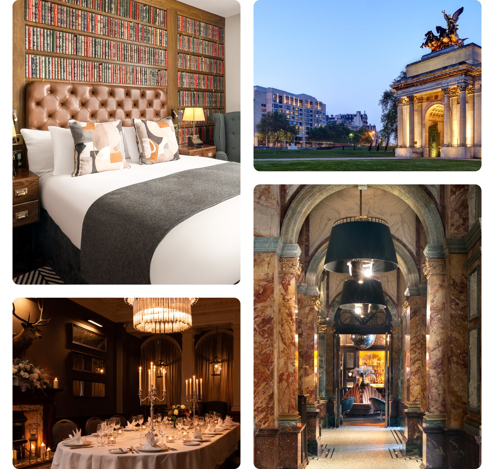 Elegant hotel with library room, grand arch, dining, and lobby.