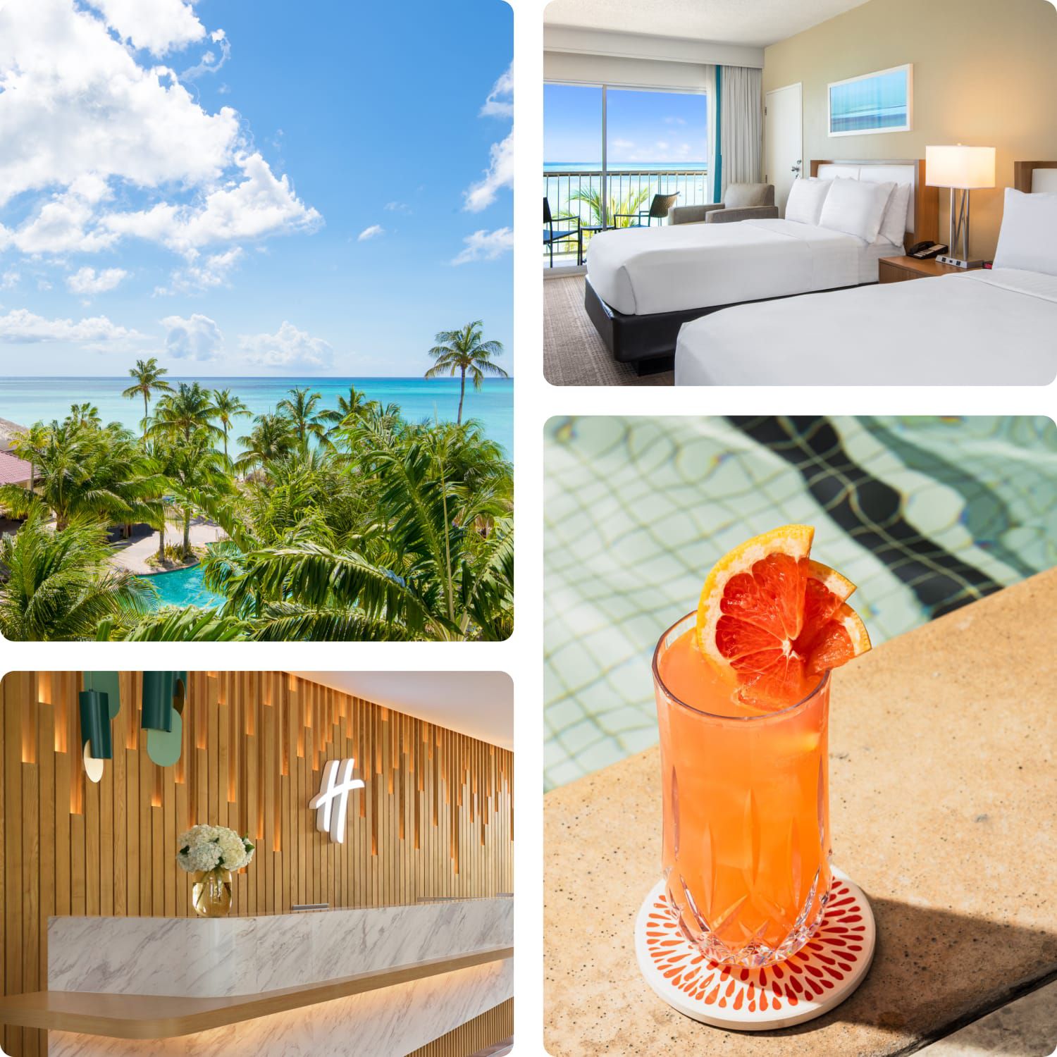 Collage of images expressing a relaxing and beautiful hotel stay from beautiful pools, well design hotels to great F&B