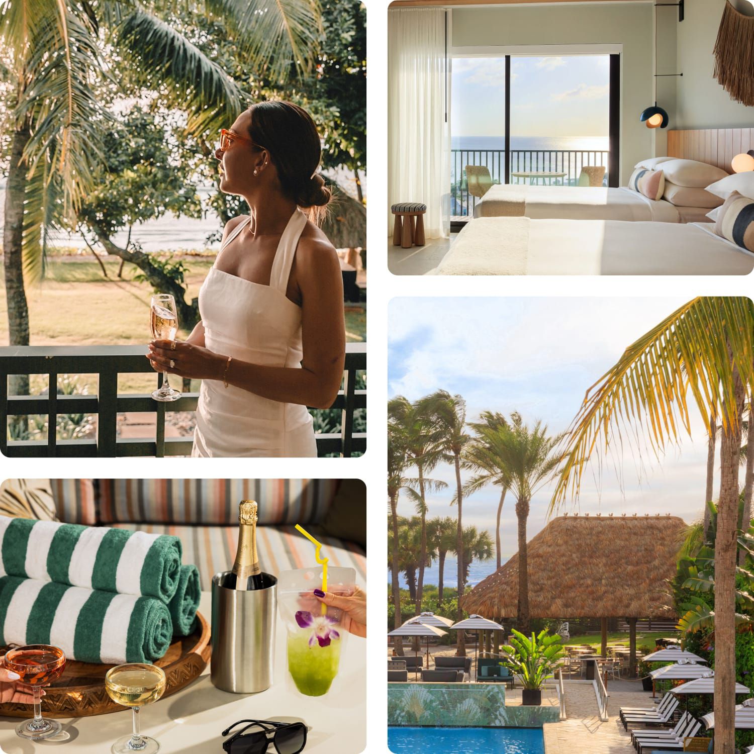 Collage of images expressing a luxury hotel stay from beautiful pools, well design hotels to award winning F&B