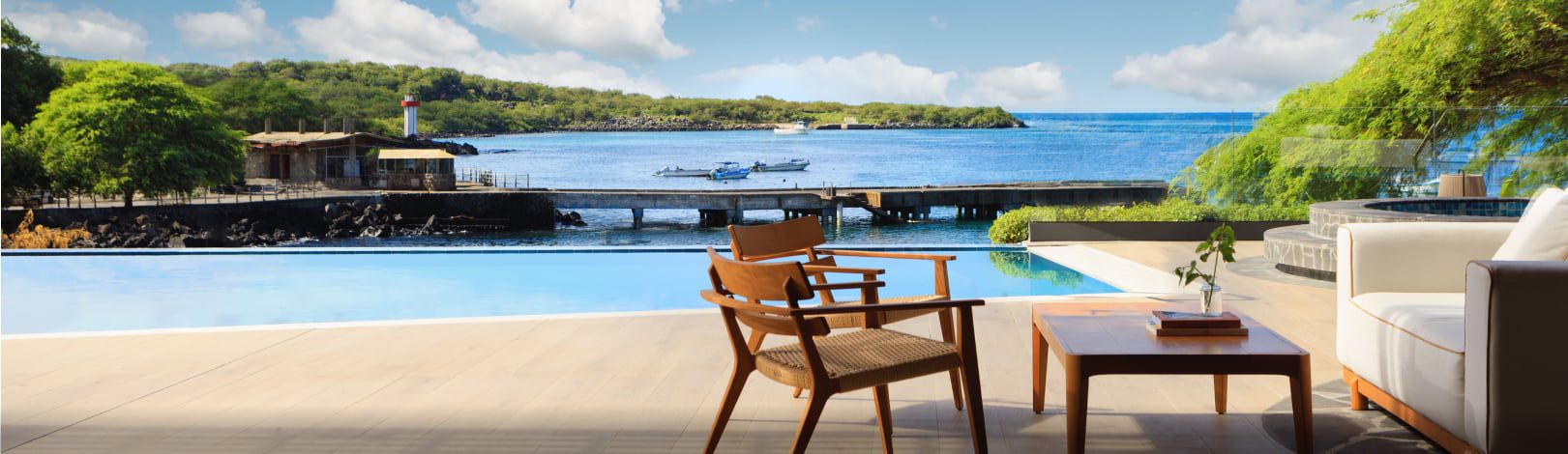 Ocean view from a back patio at the Hotel Indigo Galapagos