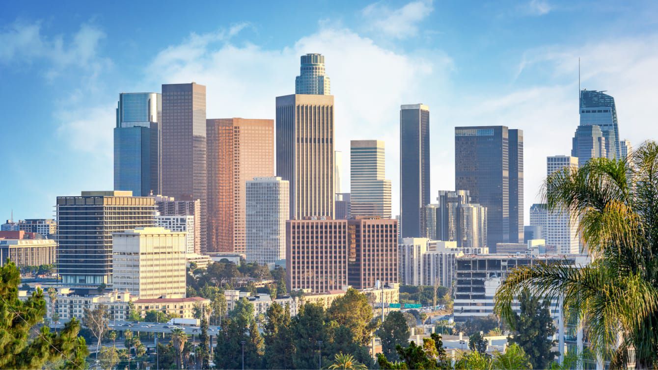 Downtown Los Angeles skyline seen from a hillside on a bright, sunny day.