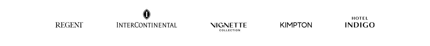 logos for IHG luxury and lifestyle hotels; Regent, InterContinental, Vignette Collection, Kimpton, and Hotel Indigo