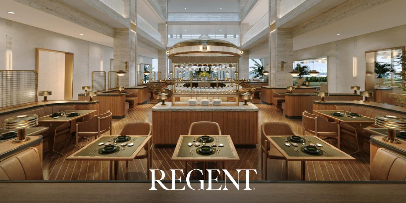 restaurant dining room with leather booths and central bar, natural light