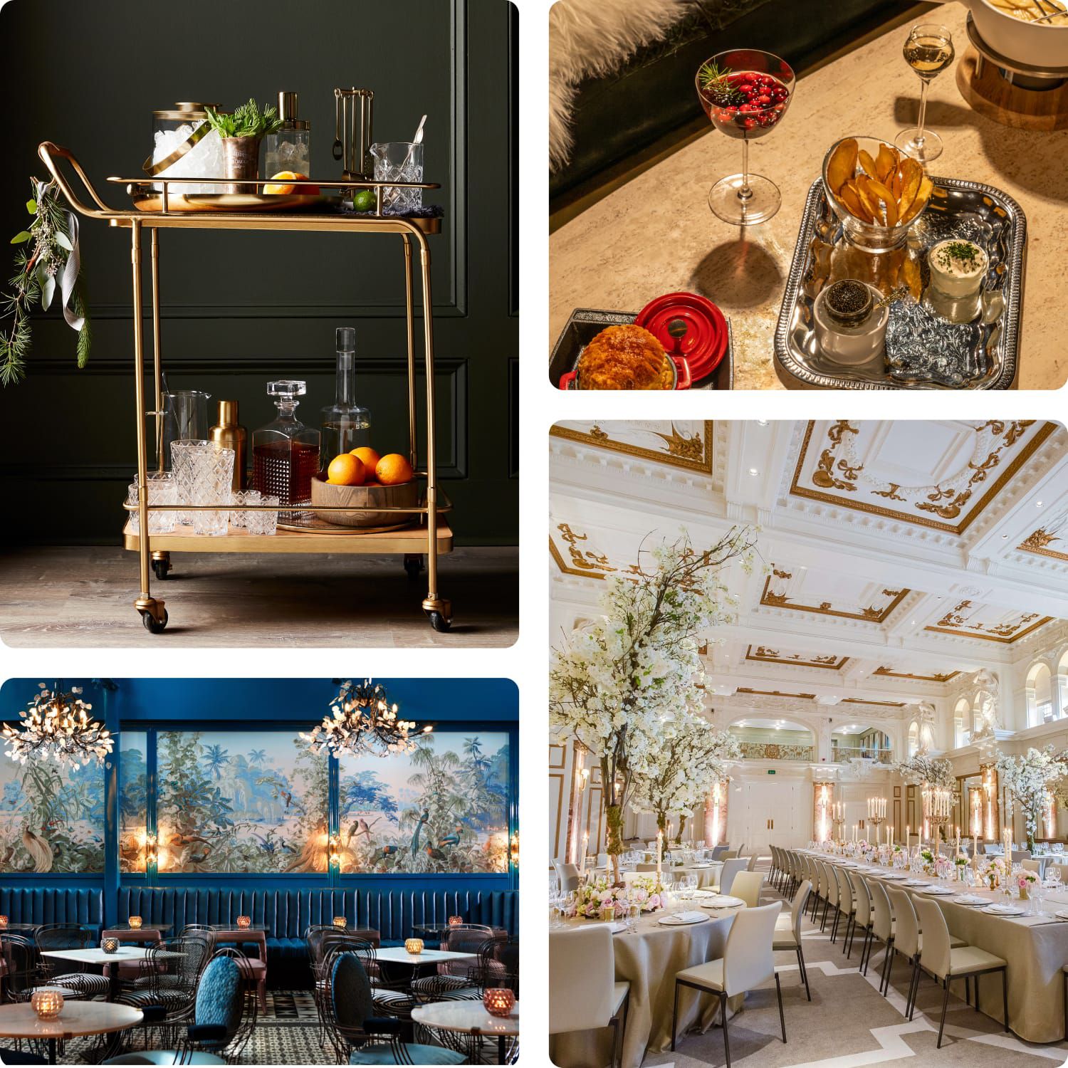 Four photos of festive, candlelit gathering spaces and beautiful craft cocktails.